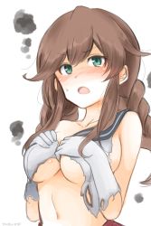 Rule 34 | &gt;:o, 10eki (tenchou), 10s, 1girl, :o, artist name, black sailor collar, blush, braid, breasts, brown hair, gloves, green eyes, highres, kantai collection, large breasts, long hair, noshiro (kancolle), open mouth, red skirt, sailor collar, school uniform, serafuku, simple background, single braid, skirt, solo, tears, torn clothes, v-shaped eyebrows, white background, white gloves