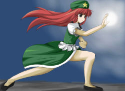 Rule 34 | 1girl, blue eyes, bow, braid, china dress, chinese clothes, dress, female focus, fighting stance, hair bow, hat, hong meiling, immaterial and missing power, long hair, nodoka (artist), red hair, solo, star (symbol), touhou, twin braids