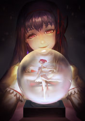 Rule 34 | 10s, 2girls, akemi homura, ballerina, black hair, blackrabbitsoul, closed eyes, crystal ball, dress, hairband, highres, kaname madoka, leotard, long hair, mahou shoujo madoka magica, mahou shoujo madoka magica: concept movie, mahou shoujo madoka magica movie 1 &amp; 2, miniature, multiple girls, outstretched arms, own hands clasped, own hands together, pink hair, purple eyes, short hair, smile, spread arms, standing, standing on one leg, thighhighs