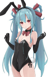 Rule 34 | 1girl, animal ears, apron, aqua hair, bare shoulders, beatmania, beatmania iidx, black leotard, blush, bow, bowtie, detached collar, ear blush, fake animal ears, fake tail, hair rings, highres, leotard, long hair, looking at viewer, maud, maud0239, parted lips, playboy bunny, rabbit ears, rabbit tail, red bow, red bowtie, red eyes, simple background, skin tight, solo, strapless, strapless leotard, surprised, tail, twintails, very long hair, waist apron, white background, wing collar