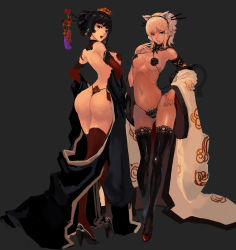 Rule 34 | 2girls, absurdres, animal ears, arched back, armlet, ass, bare shoulders, bikini, black hair, black legwear, blonde hair, blue eyes, bra, breasts, cat ears, cat tail, chopsticks, cleavage, contrapposto, detached collar, detached sleeves, elbow gloves, fake animal ears, g-string, gloves, hair ornament, hair stick, hairband, hands on own hips, high heels, highleg, highleg panties, highres, japanese clothes, lace, lace-trimmed legwear, lace trim, lingerie, lips, looking back, multiple girls, navel, open mouth, original, panties, parted lips, qbspdl, red eyes, red legwear, ribs, robe, shoes, sideboob, simple background, sketch, standing, swimsuit, tail, thighhighs, thong, underwear, white hair