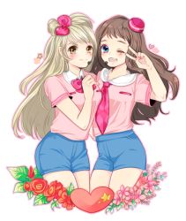 Rule 34 | 10s, 2girls, blonde hair, blue eyes, bow, brown eyes, brown hair, crossover, flower, hair bow, hat, headset, heart, keomi syeon, kyoukai no kanata, love live!, love live! school idol project, minami kotori, multiple girls, neckerchief, one eye closed, open mouth, shindou ai, short shorts, shorts, smile, transparent background, v