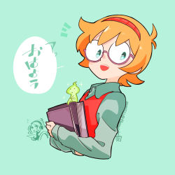 Rule 34 | absurdres, alternate costume, annabel cr&egrave;me, blue eyes, book, glasses, hairband, headphones, highres, holding, holding book, keisuke sato, little witch academia, lotte jansson, orange hair, red hairband, red vest, short hair, simple background, sitting, speech bubble, teal background, vest