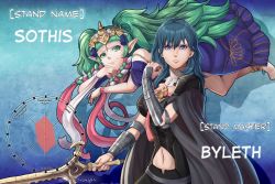 Rule 34 | 2girls, anklet, artist name, barefoot, black cape, blue eyes, blue hair, braid, byleth (female) (fire emblem), byleth (fire emblem), cape, character name, closed mouth, english text, evomanaphy, fire emblem, fire emblem: three houses, green eyes, green hair, hair ornament, highres, holding, holding sword, holding weapon, jewelry, jojo no kimyou na bouken, long hair, medium hair, multiple girls, navel, nintendo, pointy ears, side braid, smile, sothis (fire emblem), sword, tiara, twin braids, weapon