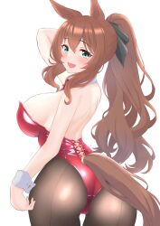 Rule 34 | 1girl, alternate costume, animal ears, aqua eyes, arm up, ass, bare shoulders, black pantyhose, blush, breasts, brown hair, clothing cutout, commentary request, cowboy shot, detached collar, from behind, hair between eyes, highres, horse ears, horse girl, horse tail, large breasts, leotard, long hair, looking at viewer, looking back, maruzensky (umamusume), nontraditional playboy bunny, open mouth, pantyhose, ponytail, red leotard, simple background, smile, solo, tail, tail through clothes, umamusume, white background, wrist cuffs, yamaaaaaada
