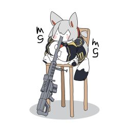 Rule 34 | 1girl, :3, akichi 360, animal ears, black jacket, blush, cat ears, cat tail, chibi, closed eyes, commentary request, eating, full body, grey hair, gun, highres, holding, holding gun, holding weapon, jacket, long hair, long sleeves, nora cat, nora cat channel, on chair, puffy long sleeves, puffy sleeves, rifle, shoes, simple background, sitting, sniper rifle, solo, spread legs, tail, virtual youtuber, weapon, white background