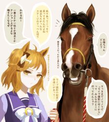 Rule 34 | 1girl, ahoge, bow, bowtie, bridle, creature and personification, fantomyu, hair ornament, highres, holding, holding reins, horse, horse girl, horseshoe ornament, jungle pocket (racehorse), light brown hair, long sleeves, looking at viewer, purple serafuku, purple shirt, real life, reins, sailor collar, sailor shirt, school uniform, serafuku, shirt, short hair, tracen school uniform, umamusume, upper body, white bow, white bowtie, yellow eyes