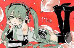 Rule 34 | 1girl, anniversary, aqua eyes, aqua hair, aqua necktie, arm tattoo, balloon, bare shoulders, black footwear, black skirt, black sleeves, black thighhighs, closed mouth, collared shirt, detached sleeves, grey shirt, hatsune miku, headphones, kugaumelo, long hair, long sleeves, lying, miniskirt, necktie, number tattoo, on stomach, pleated skirt, red background, red pupils, shirt, shoes, skirt, smile, solo, tattoo, thighhighs, tongue, tongue out, twintails, very long hair, vocaloid, zettai ryouiki