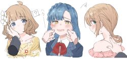 Rule 34 | 3girls, ?, absurdres, ahoge, arrow (symbol), asymmetrical bangs, baba konomi, blonde hair, blue eyes, blue hair, blue shirt, blunt bangs, blush, bow, bowtie, braid, cheek pinching, closed mouth, collarbone, daisy, ears visible through hair, fleurs (idolmaster), flower, hair flower, hair ornament, hand on another&#039;s face, highres, idolmaster, idolmaster million live!, idolmaster million live! theater days, idolmaster million live! theater days brand new song, looking at viewer, looking back, meeeeeeco359, multiple girls, nanao yuriko, nape, open mouth, pinching, pleated shirt, red bow, red bowtie, shirt, sidelocks, simple background, single braid, suou momoko, white background, yellow eyes, yellow shirt