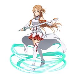Rule 34 | 1girl, armor, asuna (sao), braid, breastplate, brown eyes, brown hair, cape, closed mouth, crown braid, detached sleeves, floating hair, french braid, full body, highres, holding, holding sword, holding weapon, long hair, long sleeves, looking at viewer, miniskirt, official art, outstretched arm, pleated skirt, red skirt, skirt, smile, solo, standing, sword, sword art online, thighhighs, transparent background, very long hair, waist cape, weapon, white cape, white sleeves, white thighhighs, zettai ryouiki