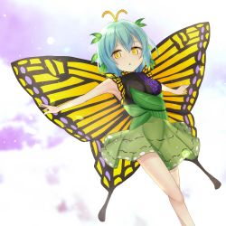 Rule 34 | 1girl, absurdres, antennae, aqua hair, butterfly wings, dress, eternity larva, eyebrows hidden by hair, feet out of frame, green dress, highres, insect wings, jemen, leaf, leaf on head, light particles, looking at viewer, open mouth, outstretched arms, short hair, sleeveless, sleeveless dress, solo, touhou, wings, yellow eyes