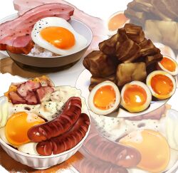 Rule 34 | absurdres, bowl, commentary, egg (food), english commentary, food, food focus, fried egg, ham, highres, inset, mashed potatoes, meal, meat, no humans, original, pepper (spice), plate, realistic, rice, sausage, softboiled egg, tom23579