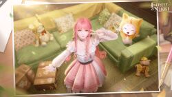 1girl bare_shoulders braid couch long_hair momo_(nikki) nikki_(nikki) nikki_(series) peace_symbol photo_(object) pink_eyes pink_hair pink_skirt skirt stuffed_animal stuffed_toy teddy_bear twin_braids