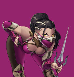 Rule 34 | absurdres, bent over, black hair, black nails, breasts, cleavage, detached sleeves, face mask, hand on own hip, highres, holding, holding weapon, mask, medium breasts, mileena (mortal kombat), mortal kombat (series), mortal kombat 1, mortal kombat 1 (2023), sai (weapon), tre artz, weapon, yellow eyes
