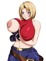 Rule 34 | 1girl, blonde hair, blue eyes, blue mary, breast lift, breast slip, breasts, clothes lift, fatal fury, halterneck, huge breasts, nipples, one breast out, shirt lift, short hair, snk, solo, the king of fighters, water beryl