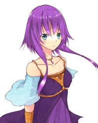 Rule 34 | 1girl, :o, babydoll, bare shoulders, blue eyes, blush, body blush, choker, collarbone, detached sleeves, female focus, fire emblem, fire emblem: the sacred stones, flat chest, jewelry, long hair, looking at viewer, lute (fire emblem), necklace, nintendo, open mouth, purple hair, simple background, solo, twintails, upper body, white background, wrist cuffs, yuuri (orz commushows)