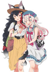 Rule 34 | 2girls, animal ears, bag, belt, black hair, blouse, bow, bowtie, bracelet, braid, breasts, casual, colored tips, crepe, demon girl, dress, fang, food, hair bow, hair bun, handbag, hat, highres, holding, holding another&#039;s arm, holding food, hololive, jewelry, long braid, long hair, long skirt, medium breasts, multicolored hair, multiple girls, nakiri ayame, necklace, ookami mio, pink hair, red eyes, red hair, shirt, shopping bag, simple background, single hair bun, skirt, small breasts, smile, sparkling eyes, streaked hair, sun hat, tail, tail around own leg, two-tone hair, very long hair, vinhnyu, virtual youtuber, walking, white background, white hair, wolf ears, wolf girl, wolf tail, yellow eyes