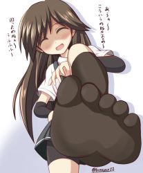 Rule 34 | 10s, 1girl, ^ ^, arashio (kancolle), arm warmers, bike shorts, bike shorts under skirt, blush, brown hair, brown socks, closed eyes, feet, foot focus, kantai collection, kneehighs, long hair, no shoes, open mouth, partially translated, school uniform, shaded face, shirt, short sleeves, shorts, shorts under skirt, skirt, smile, socks, solo, suspenders, tamayan, toe socks, toes, translation request, twitter username, white shirt