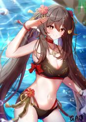 Rule 34 | 1girl, alternate costume, artist name, bangle, bare arms, bikini, blush, bow, bracelet, breasts, brown bikini, brown hair, choker, cleavage, cowboy shot, flower, flower-shaped pupils, gao kawa, genshin impact, gluteal fold, grin, hair between eyes, hair flower, hair ornament, highres, hu tao (genshin impact), jewelry, long hair, medium breasts, multiple rings, navel, necklace, red bow, red choker, red eyes, red flower, resolution mismatch, ring, salute, smile, solo, source larger, sparkle, stomach, swimsuit, symbol-shaped pupils, tassel, tassel hair ornament, twintails, water drop, wet