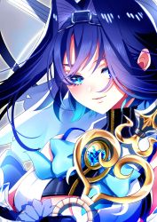 Rule 34 | 1girl, blue eyes, blue hair, blue ribbon, chest jewel, gem, highres, hololive, hololive english, itsuki keiichi, ouro kronii, ouro kronii (1st costume), ribbon, solo, virtual youtuber