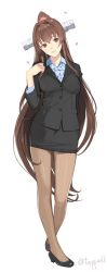 Rule 34 | 10s, 1girl, alternate costume, breasts, brown eyes, brown hair, formal, hair ornament, highres, jacket, kantai collection, long hair, mibu natsuki, office lady, pantyhose, pencil skirt, ponytail, simple background, skirt, skirt suit, solo, suit, very long hair, yamato (kancolle)