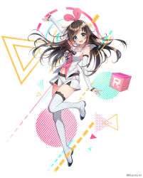 1girl arm_up boots brown_hair commentary_request company_name hairband kizuna_ai kizuna_ai_inc. long_hair looking_at_viewer microskirt multicolored_hair official_art open_mouth phantom_of_the_kill pink_hair pink_hairband sailor_collar second-party_source skirt sleeveless solo standing standing_on_one_leg streaked_hair teeth thigh_boots upper_teeth_only white_footwear white_sailor_collar white_skirt