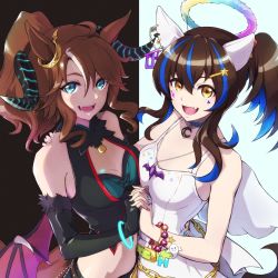 Rule 34 | 2girls, :d, ahoge, animal ears, bare shoulders, black background, black gloves, blue background, blue choker, blue hair, blue nails, blush, breasts, brown hair, choker, cleavage, collarbone, commentary request, crescent, daitaku helios (sunshine angel) (umamusume), daitaku helios (umamusume), demon wings, dress, elbow gloves, facial mark, fake halo, fake wings, fang, fingerless gloves, fur-trimmed gloves, fur trim, gloves, hair between eyes, halo, highres, holding hands, horns, horse ears, horse girl, horse tail, interlocked fingers, looking at viewer, low wings, medium breasts, mejiro palmer (devil in the moonlight) (umamusume), mejiro palmer (umamusume), mini wings, multicolored hair, multiple girls, nail polish, open mouth, orange nails, pink wings, ponytail, sleeveless, sleeveless dress, smile, star (symbol), streaked hair, tail, tenkey2022, two-tone background, two-tone hair, umamusume, white dress, white wings, wings
