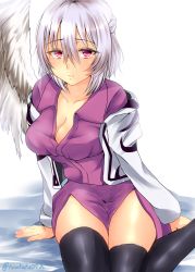 Rule 34 | 1girl, arm support, arms at sides, bad id, bad pixiv id, black thighhighs, breasts, dress, feathered wings, fujimori tonkatsu, hair between eyes, highres, jacket, kishin sagume, large breasts, looking at viewer, open clothes, purple dress, purple skirt, red eyes, short hair, silver hair, single wing, sitting, skirt, solo, thighhighs, touhou, unbuttoned, wings