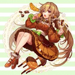 1girl bow bowtie brown_eyes brown_footwear brown_hair chair chocolate clothing_cutout commentary_request cup doily eating flower food fruit full_body green_bow hair_between_eyes high_heels highres holding holding_cup holding_food holding_fruit holding_orange long_hair long_sleeves looking_at_viewer low_twintails open_mouth orange_(fruit) orange_slice original shoulder_cutout socks solo striped_background tears. twintails two-tone_bow two-tone_bowtie two-tone_dress valentine white_flower white_socks