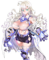 Rule 34 | asanagi, breasts, copyright request, green eyes, highres, large breasts, long hair, mechanical arms, mole, mole on breast, mole under eye, monocle, silver hair, simple background, skirt, solo, thighhighs, thunder, white background