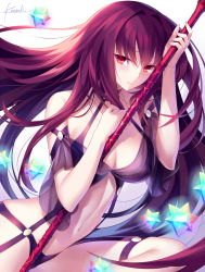 Rule 34 | 1girl, artist name, bikini, breasts, cleavage, fate/grand order, fate (series), gae bolg (fate), kousaki rui, large breasts, long hair, looking at viewer, navel, parted lips, polearm, purple hair, red eyes, saint quartz (fate), scathach (fate), scathach (fate), solo, spear, swimsuit, weapon