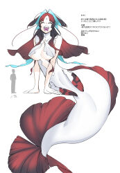 Rule 34 | 1girl, absurdres, black hair, breasts, center opening, closed eyes, commentary request, facing viewer, fins, full body, giant, gradient hair, head fins, highres, large breasts, long hair, mermaid, monster girl, multicolored hair, open mouth, original, red hair, simple background, sitting, sleeveless, translation request, white background, zzb azz