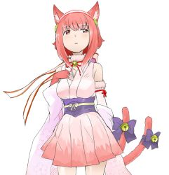 Rule 34 | 1girl, animal ears, bell, belt, bow, cat ears, cat tail, fingerless gloves, fire emblem, fire emblem fates, fire emblem heroes, fur trim, gloves, hairband, halloween costume, highres, japanese clothes, nintendo, ookamiuo, parted lips, pink eyes, pink gloves, pink hair, sakura (fire emblem), short hair, simple background, solo, tail, white background