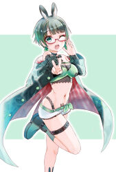 Rule 34 | 1girl, ;d, animal ears, bare shoulders, blush, boots, breasts, choker, cleavage, coat, commentary, curvy, glasses, green background, green choker, green coat, green eyes, green footwear, green hair, green theme, hand up, happy, highres, indie virtual youtuber, long sleeves, looking at viewer, medium breasts, micro shorts, natsuoto rito, navel, one eye closed, open clothes, open coat, open mouth, outstretched arm, rabbit ears, red-framed eyewear, semi-rimless eyewear, short hair, shorts, simple background, smile, solo, standing, standing on one leg, tammy (vtuber), thigh strap, two-tone background, v, virtual youtuber, white background, white shorts