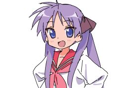 Rule 34 | 1girl, blue eyes, commentary, hands on own hips, highres, hiiragi kagami, long hair, lucky star, nyus0721, purple hair, red sailor collar, ryouou school uniform, sailor collar, school uniform, serafuku, simple background, smile, solo, twintails, upper body, white background