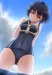Rule 34 | 1girl, asymmetrical hair, black hair, black one-piece swimsuit, blue sky, brown eyes, cloud, cowboy shot, day, framed breasts, from below, gloves, hair between eyes, headphones, highres, i-13 (kancolle), kantai collection, nuka (nvkka), one-piece swimsuit, outdoors, partially fingerless gloves, sailor collar, school swimsuit, short hair, single glove, sky, solo, swimsuit, tsurime