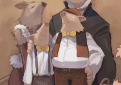 Rule 34 | bow, bowtie, brother, creature, family, hand on own hip, harada takehito, head out of frame, long sleeves, nippon ichi, no humans, pants, phantom brave, pig, shirt, siblings, standing, suspenders, vest, white shirt, yellow bow, yellow bowtie