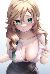 Rule 34 | 1girl, absurdres, ahoge, blonde hair, blush, breasts, cleavage, collarbone, commentary request, corset, from above, green eyes, hair between eyes, highres, large breasts, long hair, looking at viewer, neit ni sei, no bra, open clothes, open shirt, original, shirt, sleeveless, sleeveless shirt, solo, upper body, wet, white shirt