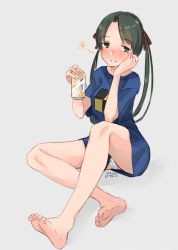 Rule 34 | 1girl, alakoala, barefoot, beer can, black hair, blue shirt, can, drink can, drunk, grey eyes, hand on own face, highres, kantai collection, long hair, mikuma (kancolle), official alternate costume, panties, pantyshot, shirt, sitting, solo, squeans, t-shirt, twintails, underwear, white panties