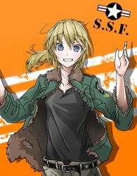 Rule 34 | 1girl, :d, bad id, bad pixiv id, belt, belt buckle, black shirt, blonde hair, blue eyes, bomber jacket, buckle, collarbone, commentary request, fur-trimmed jacket, fur trim, green jacket, grin, hands up, jacket, long hair, long sleeves, looking at viewer, open clothes, open jacket, open mouth, orange background, original, ponytail, shirt, smile, solo, tareme, teeth, towarai, two-tone background, upper body, w arms