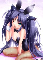 Rule 34 | 1girl, animal ears, arm support, bare shoulders, blue eyes, blush, breasts, rabbit ears, playboy bunny, detached collar, fake animal ears, fang, fishnet pantyhose, fishnets, hairband, jpeg artifacts, little busters!, long hair, one eye closed, open mouth, pantyhose, purple hair, sasasegawa sasami, sitting, small breasts, solo, sparkle, twintails, very long hair, wrist cuffs, yokozuwari, zen
