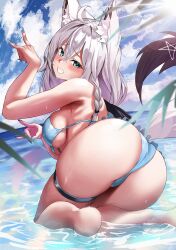 Rule 34 | 1girl, absurdres, ahoge, animal ears, ass, bare shoulders, bikini, blush, braid, breasts, feet, fox ears, fox girl, fox tail, from behind, green eyes, grin, highres, hololive, large breasts, light rays, looking at viewer, looking back, nail polish, outdoors, raag jp, shirakami fubuki, smile, solo, sunbeam, sunlight, swimsuit, tail, thigh strap, virtual youtuber, water, wet, white hair