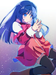 Rule 34 | 1girl, akayama yukihe, black thighhighs, blue eyes, blue hair, blunt ends, blush, boots, bow, brown footwear, capelet, closed mouth, commentary, dress, feet out of frame, floating clothes, gradient background, hair between eyes, hands up, highres, kanon, light particles, long hair, long sleeves, looking at viewer, minase nayuki, own hands together, pink bow, purple background, red dress, school uniform, short dress, simple background, smile, solo, steepled fingers, straight hair, thighhighs, white background, white capelet, zettai ryouiki