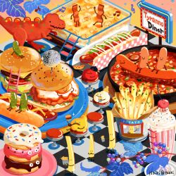 Rule 34 | bacon, branch, bread, burger, checkered floor, cheese, cherry, dinosaur, disco ball, doughnut, food, food focus, french fries, fruit, frying pan, hot dog, issiki toaki, ketchup, leaf, lettuce, mayonnaise, meat, milkshake, musical note, mustard, no humans, original, stairs, stool