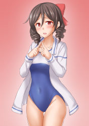 Rule 34 | 1girl, anti (untea9), blue one-piece swimsuit, bow, breasts, brown hair, collarbone, competition school swimsuit, competition swimsuit, cowboy shot, drill hair, embarrassed, eyebrows, gluteal fold, gradient background, hair between eyes, hair bow, harukaze (kancolle), high school fleet, highres, jacket, kantai collection, lips, long hair, looking at viewer, medium hair, one-piece swimsuit, pink background, red bow, red eyes, school swimsuit, small breasts, solo, swimsuit, twin drills, white jacket, white one-piece swimsuit