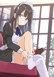 Rule 34 | 1girl, apron, armchair, black dress, blurry, blurry background, blush, brown hair, chair, dress, feet, green eyes, highres, indoors, juliet sleeves, knees up, long hair, long sleeves, looking at viewer, maid headdress, maigoyaki, no shoes, on chair, open mouth, original, panties, puffy sleeves, pulled by self, sitting, sleeve cuffs, solo, straight hair, thighhighs, thighhighs pull, underwear, white apron, white panties, white thighhighs, window