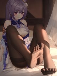 Rule 34 | 1girl, arm support, ass, bare shoulders, breasts, brown pantyhose, choker, cone hair bun, curtains, detached sleeves, dress, feet, frown, genshin impact, grey hair, hair bun, highres, indoors, keqing (genshin impact), legs up, long hair, looking at viewer, looking down, maemi (maemi12), medium breasts, no shoes, on bed, pantyhose, purple eyes, revision, sitting, solo, thighband pantyhose, toes, twintails, white dress