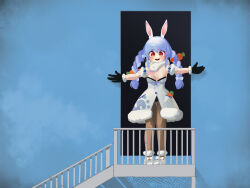 Rule 34 | 1girl, absurdres, animal ear fluff, animal ears, appleblossomtea, black gloves, black pantyhose, blue hair, braid, breasts, carrot hair ornament, coat, coat dress, commentary, detached sleeves, don-chan (usada pekora), dress, english commentary, food-themed hair ornament, fur-trimmed coat, fur-trimmed gloves, fur scarf, fur trim, gloves, hair ornament, highres, hololive, leotard, leotard under clothes, long hair, looking at viewer, medium breasts, multicolored hair, open mouth, orange eyes, outstretched arms, pantyhose, parody, puffy detached sleeves, puffy short sleeves, puffy sleeves, rabbit ears, rabbit girl, scene reference, short eyebrows, short sleeves, smile, solo, spread arms, stairs, standing, strapless, strapless coat, strapless dress, teeth, the truman show, thick eyebrows, twin braids, two-tone hair, upper teeth only, usada pekora, usada pekora (1st costume), virtual youtuber, white coat, white footwear, white hair, white sleeves