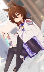 Rule 34 | 1girl, absurdres, agnes tachyon (umamusume), ahoge, animal ears, black pantyhose, blurry, blurry background, bow, brown hair, closed mouth, coat, commentary request, dutch angle, feet, fine fabric emphasis, gorioshi0802, hair between eyes, highres, holding, holding test tube, horse ears, horse girl, knee up, lab coat, messy hair, open clothes, open coat, pantyhose, pleated skirt, purple shirt, purple skirt, red eyes, sailor collar, school uniform, shirt, short hair, sitting, skirt, sleeves past fingers, sleeves past wrists, solo, sparkle, test tube, tracen school uniform, umamusume, very long sleeves, white bow, white coat