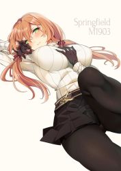 Rule 34 | 1girl, alternate hairstyle, asakawa (outeq), beige background, belt, black gloves, black pantyhose, black skirt, blush, breasts, brown hair, character name, girls&#039; frontline, gloves, green eyes, hair between eyes, hair ribbon, hand on own chest, hand up, head tilt, knee up, large breasts, long hair, long sleeves, looking at viewer, lying, official alternate costume, on back, pantyhose, parted lips, pleated skirt, red ribbon, ribbon, sidelocks, simple background, skirt, solo, springfield (girls&#039; frontline), springfield (o holy night) (girls&#039; frontline), sweater, twintails, white sweater